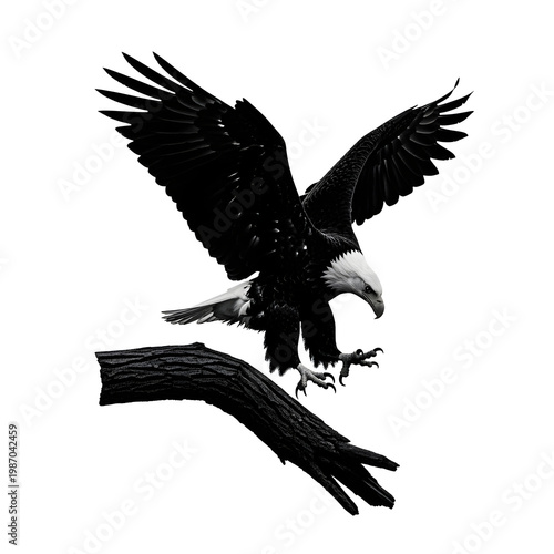 Majestic Eagle's Descent: An American bald eagle descends gracefully towards a sturdy tree branch, showcasing the animal's powerful wingspan and keen focus. 