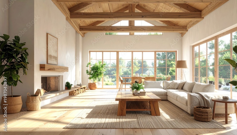 Obraz premium Sunlit living room, wooden beams, large sofa, coffee table, plants, fireplace, bright windows