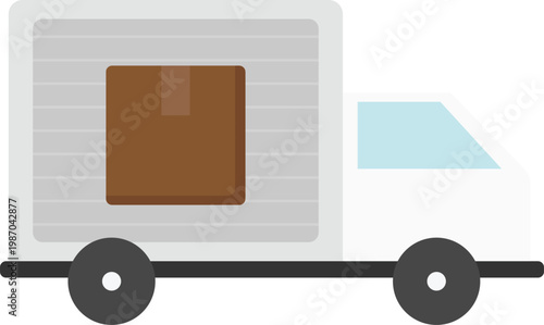 Vector illustration of a white delivery truck or cargo van featuring a brown cardboard box icon on the side. It represents logistics, shipping services, and e-commerce distribution