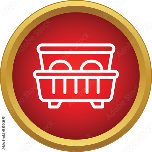 Dish drying rack with plates and bowls in a stylish red and gold icon