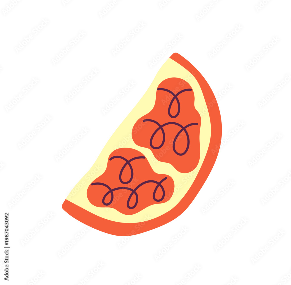 Naklejka premium Slice of pomegranate. Cut sweet garnet fruit with red grains. Piece of healthy tropical food. Organic and natural exotic eating. Farm crop. Flat isolated vector illustration on white background