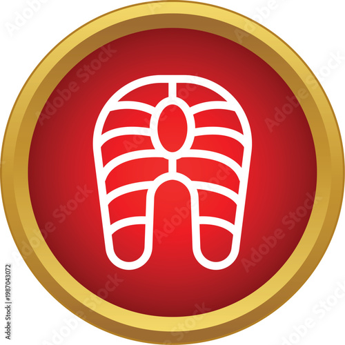 White outline salmon steak icon centered on a red circle button with a gold rim