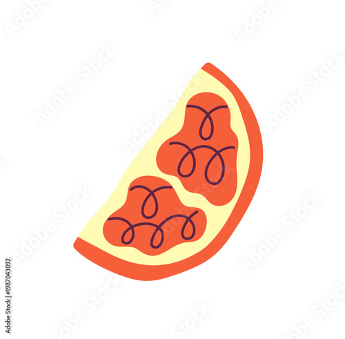Slice of pomegranate. Cut sweet garnet fruit with red grains. Piece of healthy tropical food. Organic and natural exotic eating. Farm crop. Flat isolated vector illustration on white background