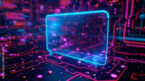 A futuristic, glowing speech bubble neon cyberpunk background