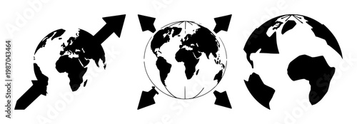Outsourcing globe arrows set with solid black icon on white background featuring globe, arrows, international with outsourcing and network