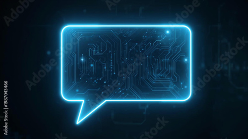 A futuristic, glowing speech bubble blue light, against a dark, abstract background suggesting advanced technology.