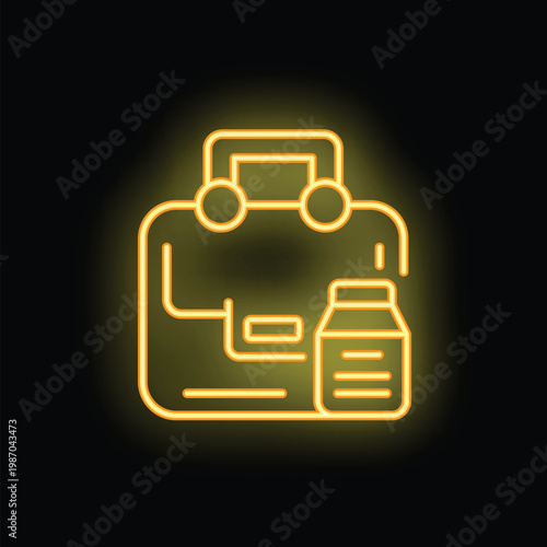 Yellow neon icon of lunch bag with juice or milk carton glowing on dark background