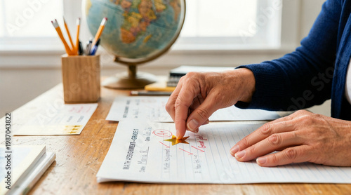 Teacher hands placing a gold star sticker on a graded math assignment. Close-up of an A plus paper on a wooden desk. Education and academic success concept