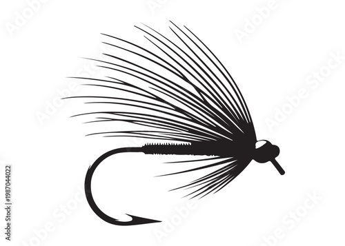 Black silhouette of a fly fishing logo vector, fly fishing lure logo icon silhouette, fly fishing hook silhouette, fly fishing flies silhouette vector design on white background