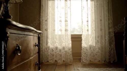 Warm morning light through delicate lace curtains in a vintage bedroom with antique dresser