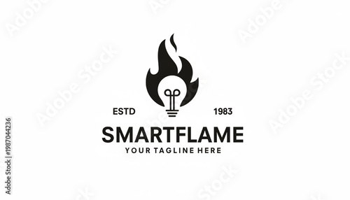 Flame torch logo with bulb filament icon, ESTD 1983 text, and minimalist branding layout for smart energy identity