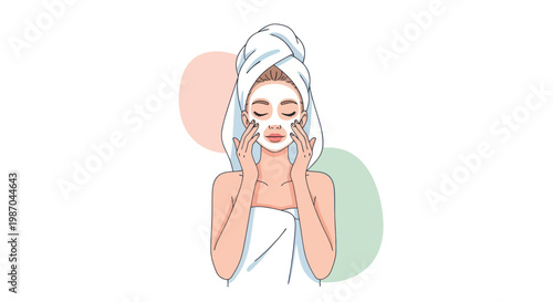 Illustration of a woman in a towel applying a facial skin mask for a spa beauty treatment.