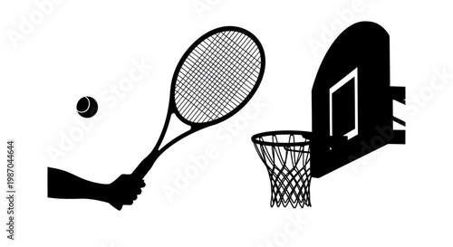 Tennis racket about to hit a ball towards a basketball hoop.