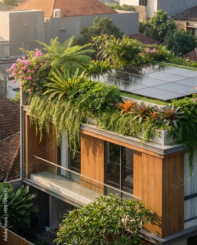 Modern urban house featuring lush green balcony and roof solar array