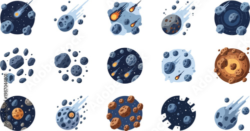 Asteroids and comets drift through the deep darkness of space in this collection of cosmic illustrations.