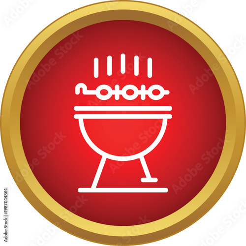 White line barbecue grill with cooking skewers on a red button