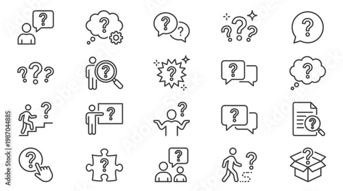 Question mark icon set exploring uncertainty problem solving and communication