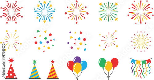 Celebration icons featuring colorful fireworks, party hats, balloons, and streamers create a festive atmosphere for special events.