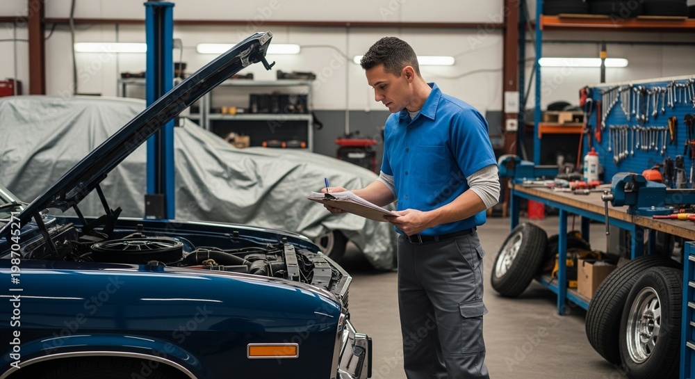 Fototapeta premium Auto Mechanic Inspects Car Engine Under Hood, Holding Clipboard and Pen in Garage Workshop