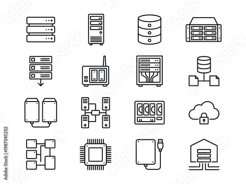 Server rack database and network technology line icons set with hard drive line art icon set database computing infrastructure technology information connection processor hardware security