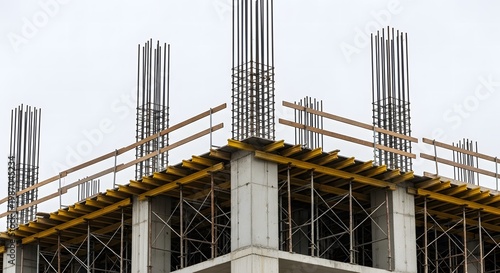 Construction site with rebar columns and scaffolding