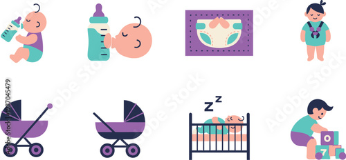 Baby care icons depict the essential daily routine of feeding, sleeping, and playing for a growing infant in a modern colorful style.