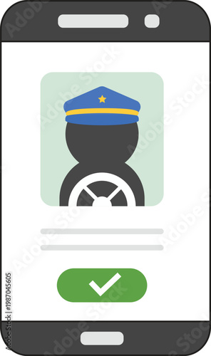 Vector illustration of a smartphone screen displaying a ride-sharing or delivery driver profile. Featuring a driver avatar with a uniform cap, steering wheel icon, and a green confirmation button.