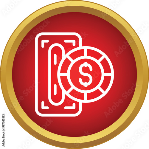 Red circle icon featuring a smartphone and dollar casino chip