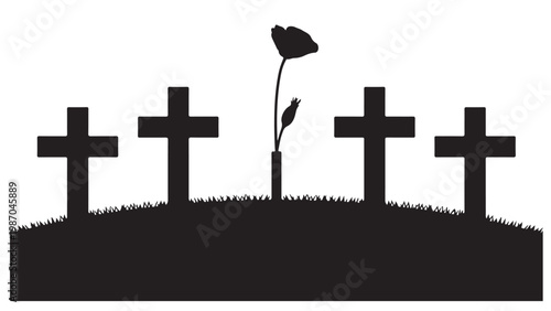 Silhouette Crosses on Cemetery Hill with Single Flower