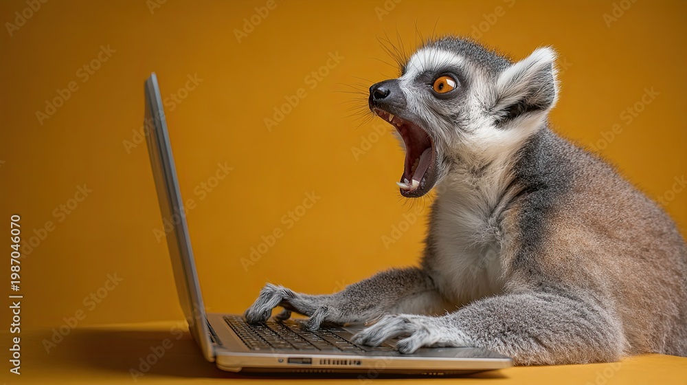 Naklejka premium A lemur at a laptop. At a desk in an office. Screaming loudly. Photographed against a color background.