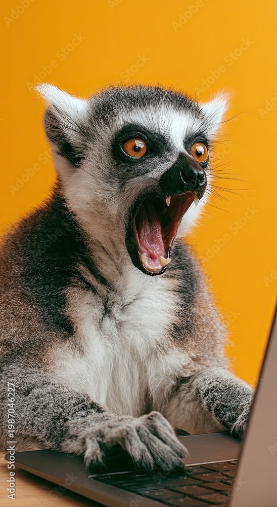 Naklejka premium A lemur at a laptop. At a desk in an office. Screaming loudly. Photographed against a color background.