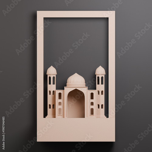 Papercut style 3D render of a mosque with a frame and copy space. Suitable for Islamic content posts such as Eid, Ramadan, or Muharram