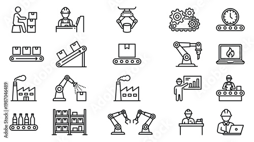 Simple Set of Mass Production Related Vector Line Icons. Contains such Icons as Industrial Oven, Robot Manipulator, Warehouse, Painting Bot and more. Editable Stroke. 48x48 Pixel Perfect.