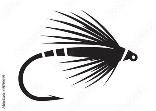 Black silhouette of a fly fishing logo vector, fly fishing lure logo icon silhouette, fly fishing hook silhouette, fly fishing flies silhouette vector design on white background