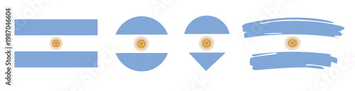 Argentina Flag Set - National Banner in Rectangle Circle Map Pin and Brush Stroke Styles on White Background