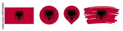 Albania Flag Set - National Banner in Rectangle Circle Map Pin and Brush Stroke Styles on White Background