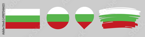 Bulgaria Flag Set - National Banner in Rectangle Circle Map Pin and Brush Stroke Styles on Gray Background
