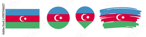 Azerbaijan Flag Set - National Banner in Rectangle Circle Map Pin and Brush Stroke Styles on White Background
