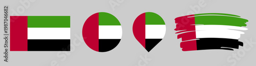 United Arab Emirates Flag Set - National Banner in Rectangle Circle Map Pin and Brush Stroke Styles on Gray Background