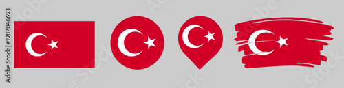 Turkey Flag Set - National Banner in Rectangle Circle Map Pin and Brush Stroke Styles on Gray Background