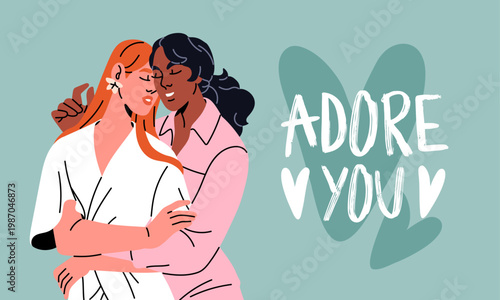 Design of Valentine day greeting card with hugging lesbians. Template of postcard for February 14 with homosexual couple in love. Layout with cuddling girls. LGBT beloveds. Flat vector illustration