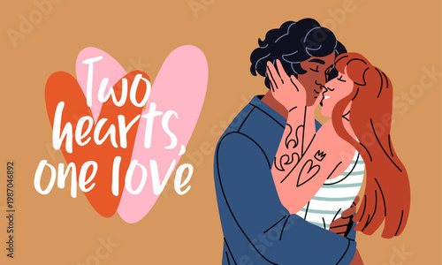 Design of Valentine's day postcard with kissing interracial couple. Greeting card template for February 14 with hugging girl and boy in love. Romantic layout with beloveds. Flat vector illustration