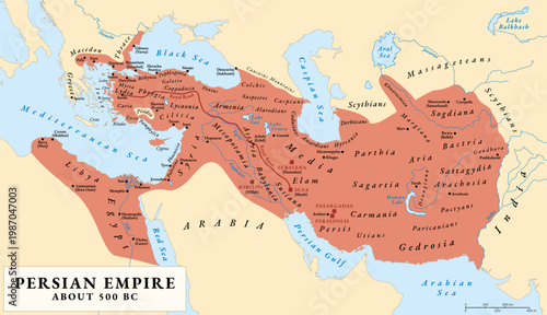 Persian Empire at its greatest extent, history map. The Achaemenid dynasty about 500 BC. Red highlighted are the Royal Road and the capitals Babylon, Pasargadae, Persepolis, Ecbatana, and Susa. Vector