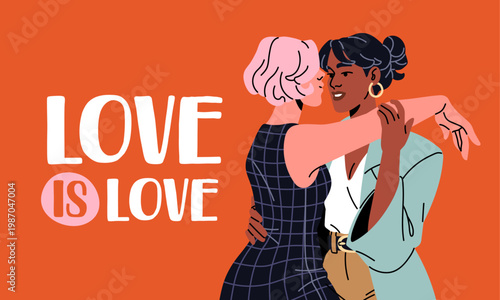 Lesbians hug on greeting card for Valentine's day. Design of postcard for February 14 with homosexual couple. LGBT people, cute girls in love cuddle together on layout. Flat vector illustration