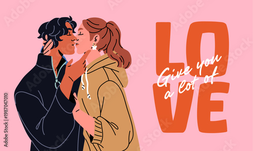 Valentine's day postcard design with cute kissing couple. February 14 greeting card template with people in love. Layout with hugging girl and boy in romantic relationships. Flat vector illustration