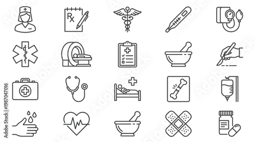 Simple Set of Medical Related Vector Line Icons. Contains such Icons as MRI, Prescription, Surgery and more. Editable Stroke. 48x48 Pixel Perfect.