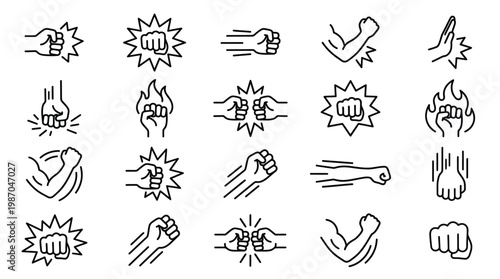 Hand gestures and impact effects a collection of line art icons