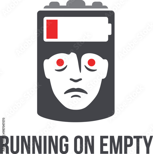Running on Empty Battery Head Illustration | Burnout Fatigue Mental Health Concept Design