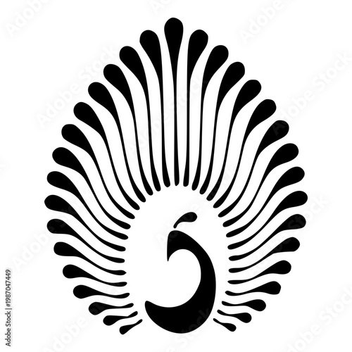 A stylized black vector graphic of a peacock's tail with a crescent moon design
