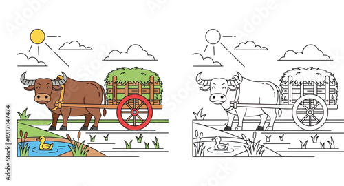 Water buffalo pulling a hay cart in a farm landscape. Colored illustration and black outline line art version for kids coloring book. Rural agriculture scene with duck and pond.